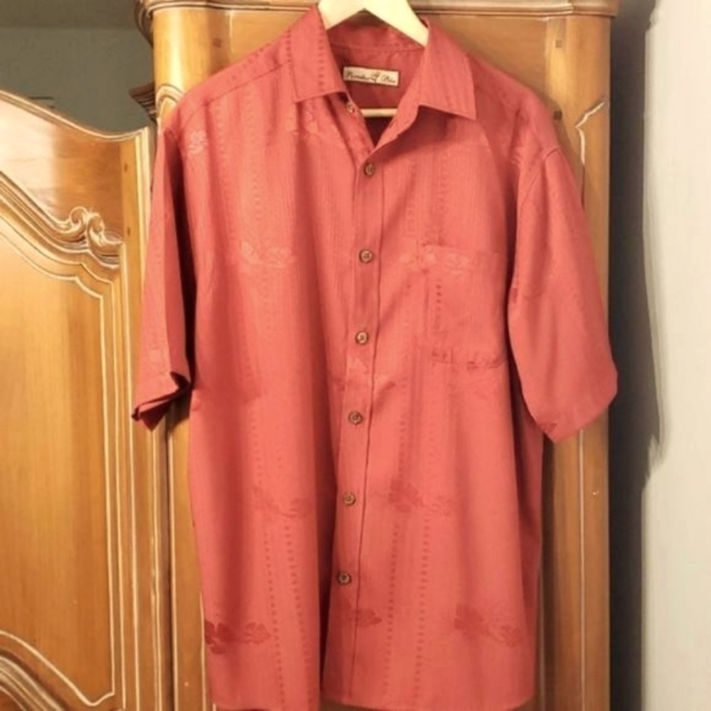 Paradise blue"men's, casual button-down collar shirt. Size large.  Beautiful red